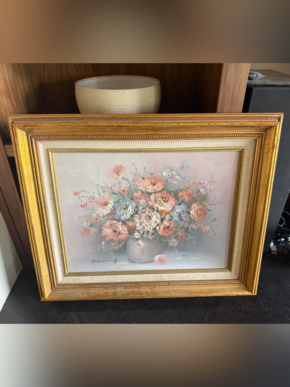 Vintage 3D floral impasto oil painting artist signed P.Keeling